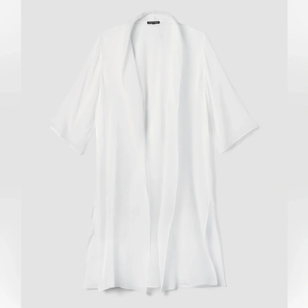 Eileen Fisher Sheer Silk Georgette High Collar Jacket in color Ivory - Picture 3 of 12